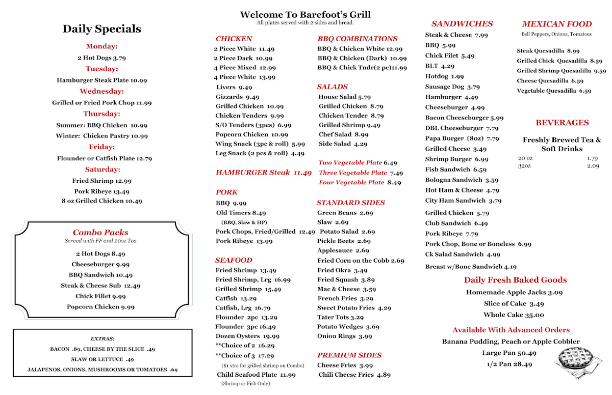 Barefoot's Country Store & Grill Menu - Image 1